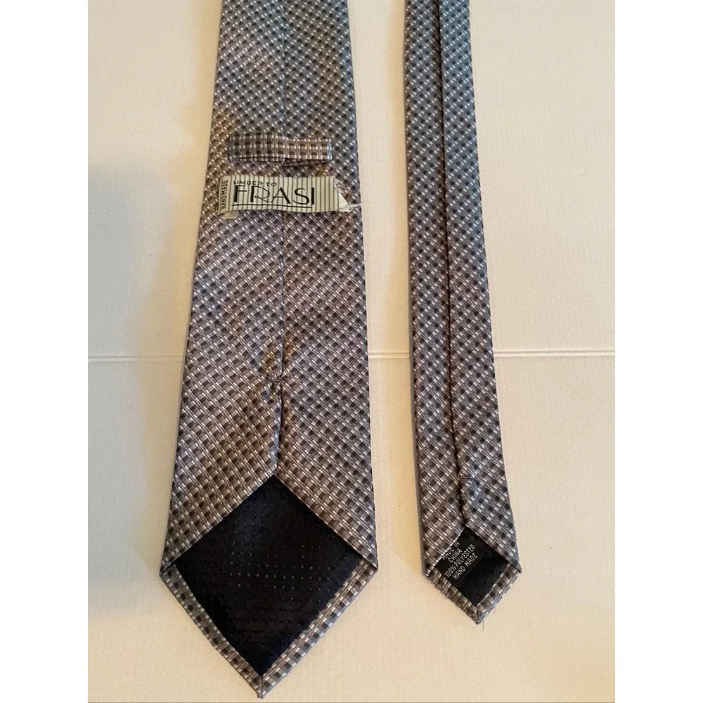 Umberto Frasi‎ Mens Tie Grey Brown Black Micro Check Handmade Polyester Necktie